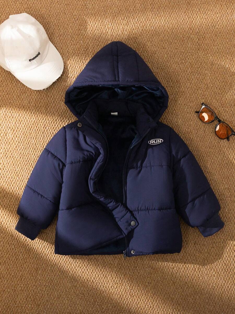 秋冬新款韩版男童厚夹克，字母刺绣立领休闲拉链外套 - 藏蓝色 - 查看 1