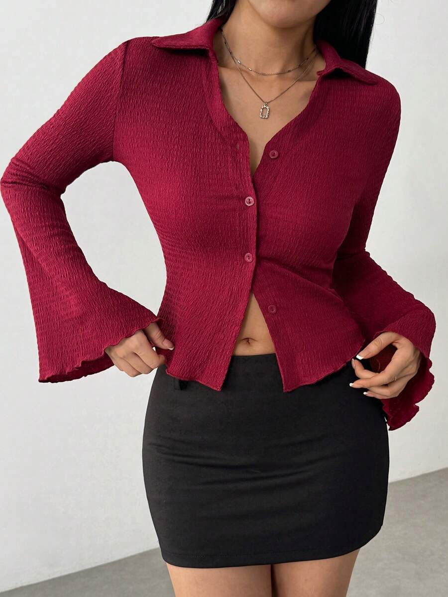 Flirla Women's Solid Color Single-Breasted Casual Flared Sleeve Blouse, Spring And Summer, Fall Clothes Women Shirt - Burgundy - View 1