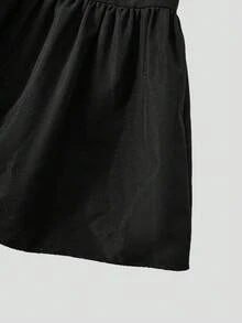 少女优雅黑色中长连衣裙，方领泡泡袖，蝴蝶结腰部褶皱连衣裙，适合家庭聚会、派对和日常穿着 - 黑色 - 查看 6