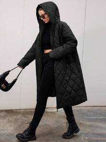 Aveloria Modichic Plus Size Padded Coat, Fashionable Hooded Coat - Black - View 4