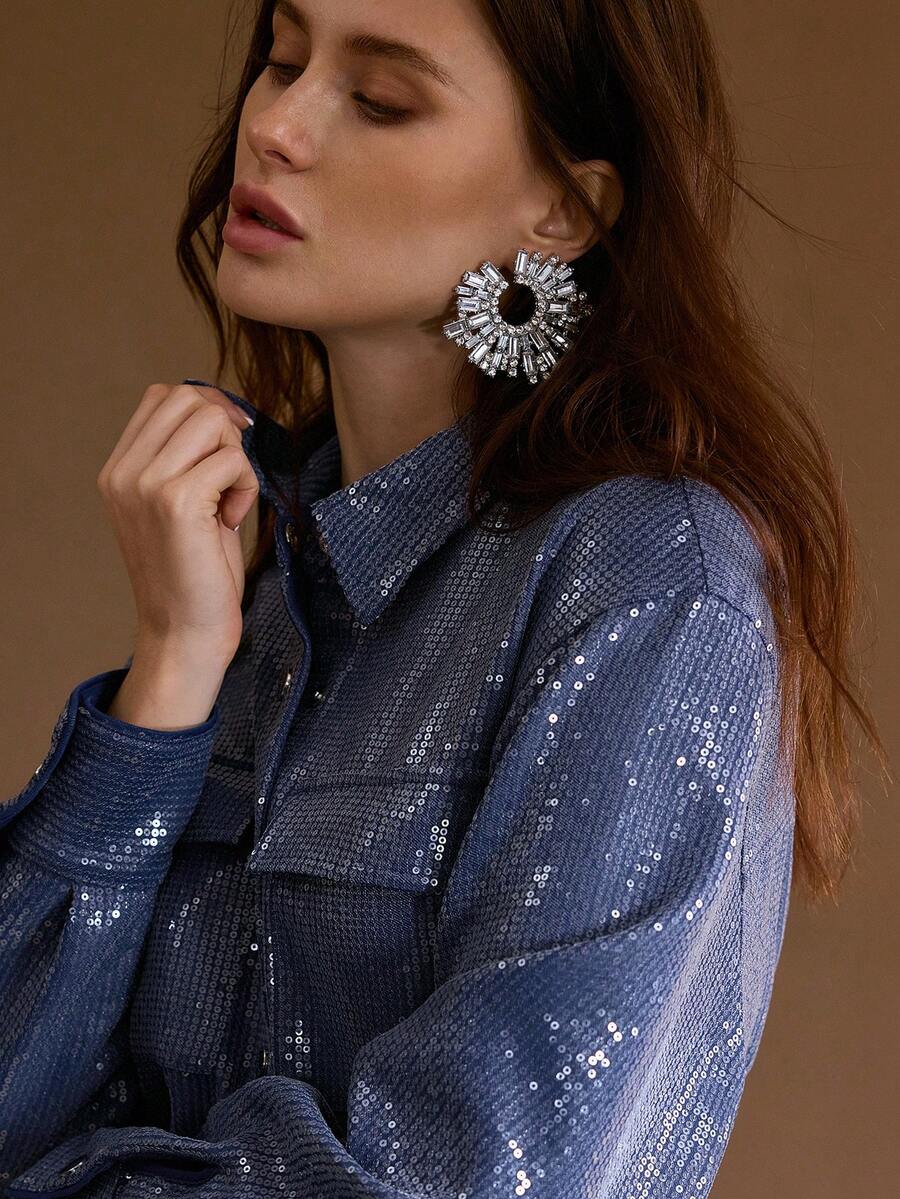 MOTF PREMIUM SEQUIN FRONT BUTTON DENIM SHIRT, AUTUMN/WINTER - Blue - View 2