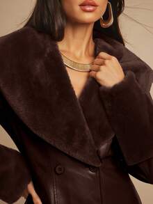 Silquee 女式纯色仿毛领长袖双排扣 PU 皮革修身优雅夹克，秋冬 - 咖啡棕 - 查看 8
