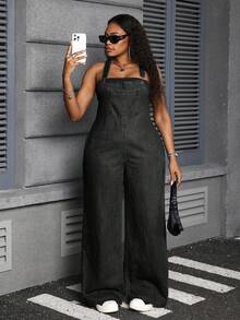 Dripcurv 大码女式口袋设计宽腿宽松休闲牛仔连体裤 - 黑色 - 查看 6