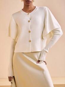 Zivah Off-White Elegant Round Neck Metal Buckle Decor Long Sleeve Sweater For Women,Autumn Office Commuting,European Simple Style Winter Casual Knitwear - White - View 5