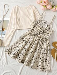 SHEIN Teen Girls Apricot Ribbed Knit Cardigan Jacket Shawl Collar Long Sleeve Top & Ditsy Floral Waist Tie Dress 2 Pieces Casual Vacation Set - Apricot - View 2