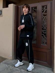 2pcs Casual Hooded Printed Matching Set For Teens, Includes Fashionable Drawstring Pants Fall Winter - Black - View 1