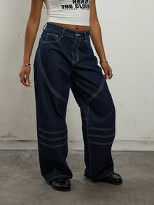 COUREZ 低腰中筒阔腿机车牛仔裤，撞色缝线细节 / Y2K 秋冬女装 秋冬女装 休闲下装 阔腿裤 外出穿搭 低腰牛仔裤 外出下装 - 深色水洗藍 - 查看 4