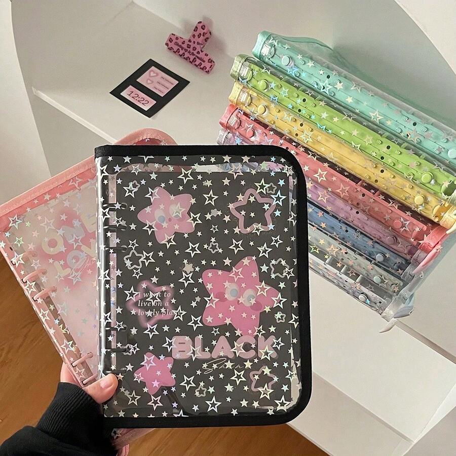 1pc Fashionable Star Printed 6-Ring A5 PVC Zipper Binder Planner, Album For Idol Photo Card & Collection,Back To School,School Supplies