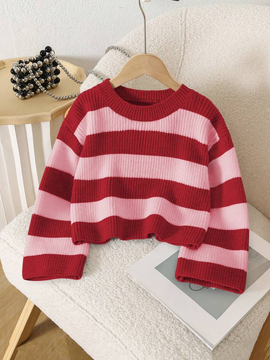 SHEIN 年轻女孩休闲日常通勤拼色条纹落肩宽松短款毛衣，秋冬