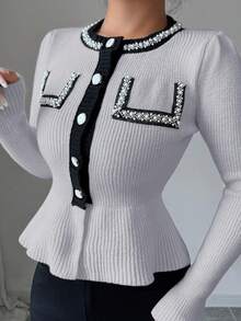 Elenzga Women's Contrast Color Faux Pearl Waist Ruffle Hem Knit Cardigan - Grey - View 6