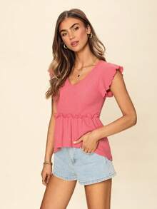 SHEIN LUNE Camiseta De Punto Para Mujer Con Dobladillo Con Volantes - Burdeos - Ver 5