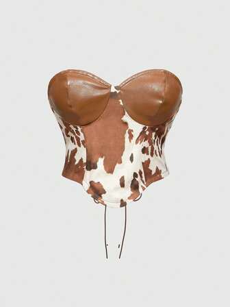 Hippie Blusa de mujer de cuero sintético PU con estampado de animales vintage y patchwork de estilo occidental