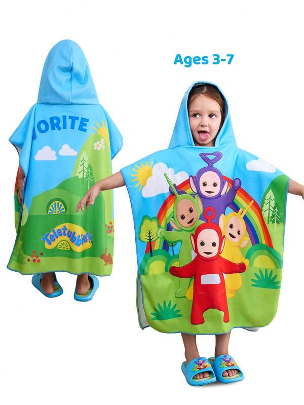 Teletubbies X SHEIN Cute Cartoon Rainbow Grass Pattern Hooded Pullover Colored Children's Bath Towel Smock, Microfiber Super Water Absorption, Instant Drying, No Lint, No Hair Loss, Warm And Cold Proof For 2-6 Years Old, Widely Used, Suitable For Bathing, Swimming, Beach Bathroom