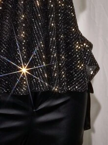 SHEIN ICON 大码 V 领亮片吊带背心、亮片娃娃背心、亮片派对上衣 - 銀色 - 查看 7