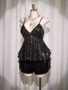 SHEIN ICON 大码 V 领亮片吊带背心、亮片娃娃背心、亮片派对上衣 - 銀色 - 查看 8