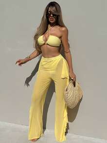 Vaytide 3pcs/Set New Yellow Halter Backless Top,Triangle Bottoms,Ruffle Trim Mesh Beach Pants, Casual Summer Holiday Vacation Bikini Swimwear Set Women - Yellow - View 4