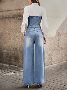 SHEIN Tall 水洗鏤空抹胸牛仔連身褲 - 藍色 - 查看 2