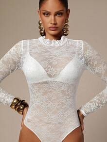Silquee Women's Solid Color Stand Collar Raglan Sleeve Fitted Lace Sheer Sexy Bodysuit - White - View 4