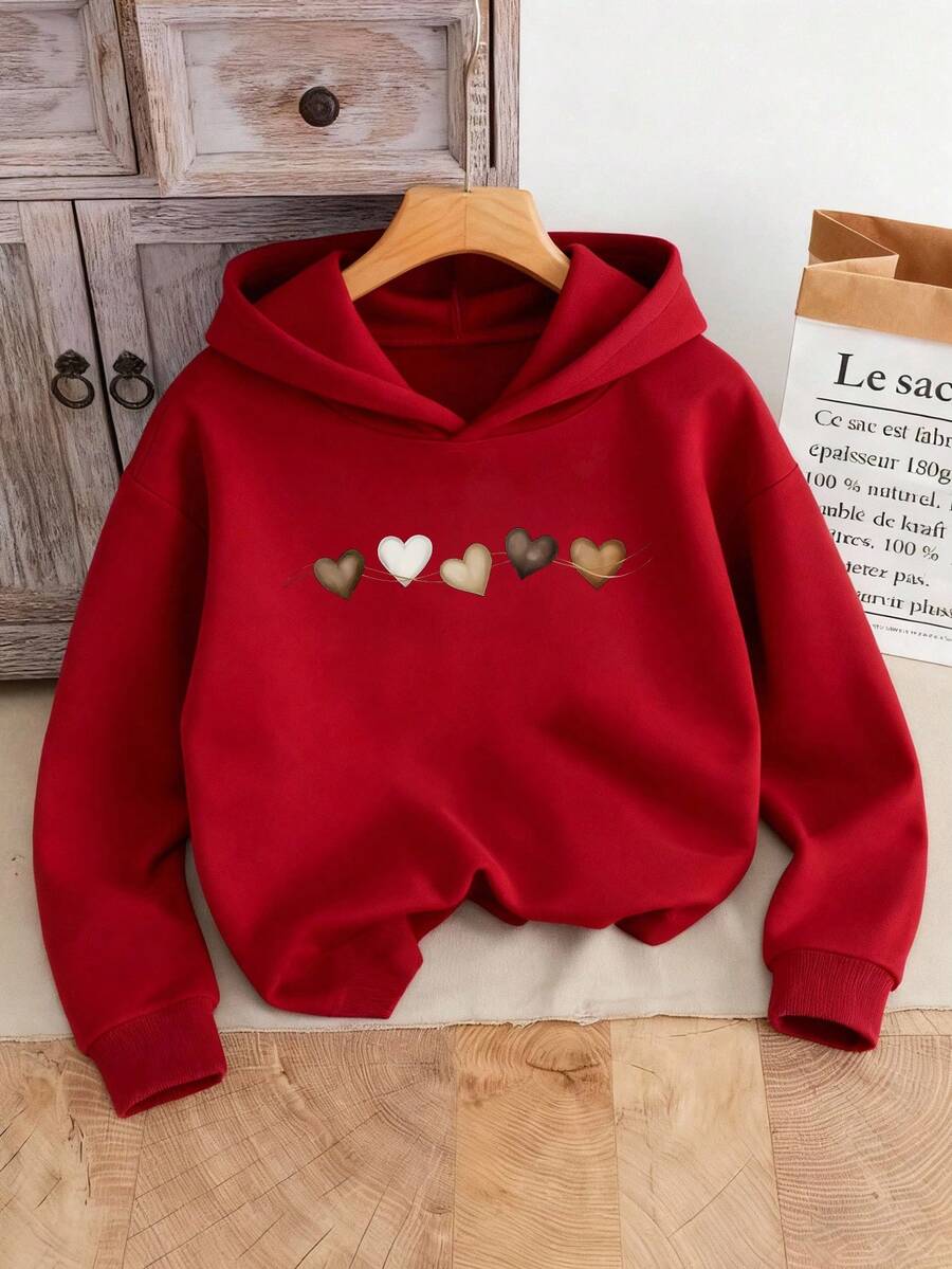 SHEIN 青少年女孩紅色愛心印花運動衫,寬鬆版型保暖內裡套頭上衣,紅白色與藍色,秋季休閒校園返校大尺寸運動衫 - 紅色 - 查看 1