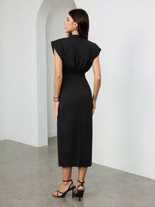 SHEIN Tall Damen einfarbiges V-Ausschnitt Dolman Ärmel figurbetontes Midi-Kleid, eleganter minimalistischer schwarzer langer Rock mit breiten Schultern und tiefem V-Ausschnitt, sexy elegant, einfach und vielseitig für den Arbeitsweg, schlanke elegante Urlaubsoutfits für Frauen, Sommerkleider für Frauen, Abschlussfeierkleider Taillenbund Kleid Schwarzes Arbeitskleid Damen Arbeitskleidung Kleider Gürtelkleid Büro - Schwarz - Übersicht 2