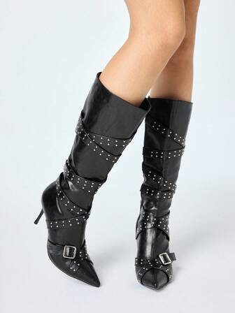 Grunge Punk Women's New Pointed Toe Stiletto Heel Studded Knee-High Riding Boots, Black