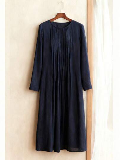 Franclia Women's Solid Color Casual Simple Long-Sleeved Pleated Design Minimalist Korean Style Graduation Elegant Fashion Casual Commuting Business Office Daily Home Comfortable High-End Casual Versatile Temperament Urban Teacher Professional Dress Luxury Abaya Robe Elegant Dressing Luxury Dress