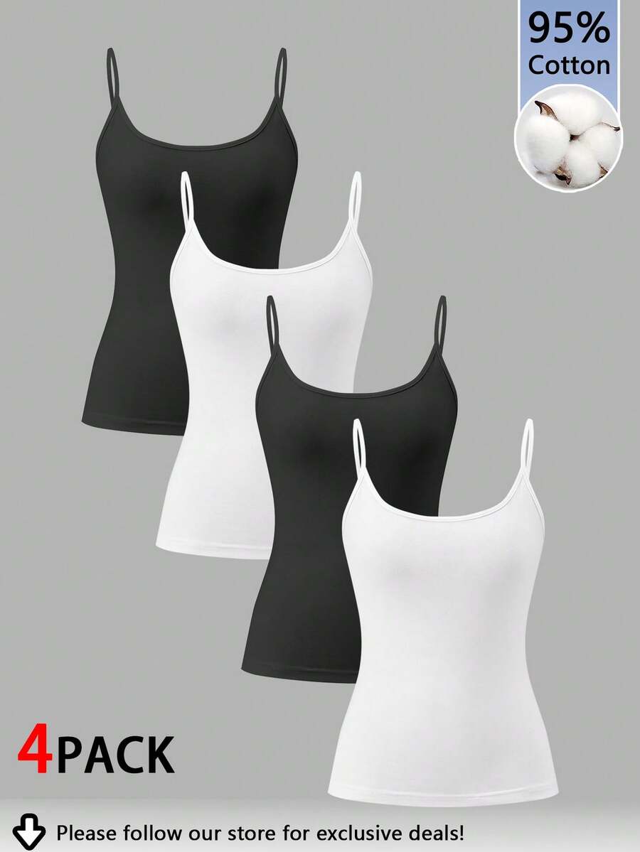 Tseoso 4pcs/Set 95% Cotton Casual Slim-Fit Women's Black And White Camisole Tops Spaghetti Strap Tank Tops. Wearable All Year Round, Basic Style, Suitable For Sports, Gym, Vintage Look, Cute Summer Tops, Soft Girl Style, Summer Outings, Home Wear, Back To School, Fall Women's Clothing, Versatile And Easy To Match. - Multicolor - View 1