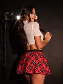 4 chiếc trang phục hóa trang cho nữ sinh viên trường đại học, lưới vá kẻ caro cổ sâu, áo trong suốt và chân váy ngắn, quần lọt khe và cà vạt, trang phục lót nữ, Giáng sinh - Đỏ - Xem 2