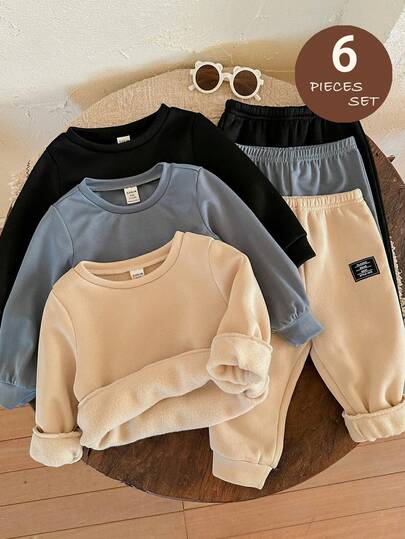 LMoss Kids 6件套男婴针织纯色圆领卫衣和裤子套装