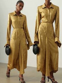 Lyxana 女士优雅金箔衬衫和不对称半身裙套装 - 金色 - 查看 1