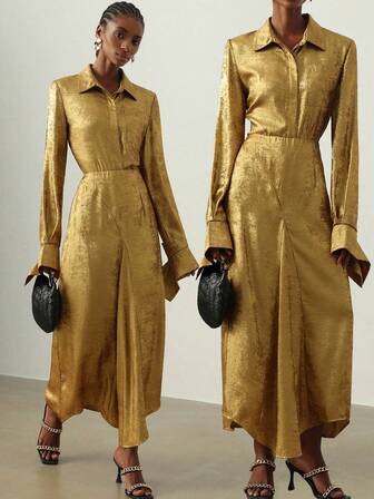 Vesra 女士优雅金箔衬衫和不对称半身裙套装