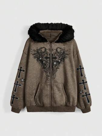 Fairycore sweat-shirt à capuche zippé pour femmes avec fleur de lys et croix strass, style déchiré, pour l'automne/hiver, style Kpop