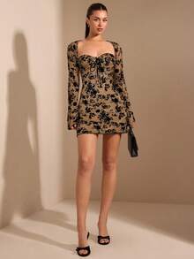 SHEIN BAE Women's Sexy Floral Print Backless Tie-Waist Mini Dress, Vacation Style - Brown - View 5