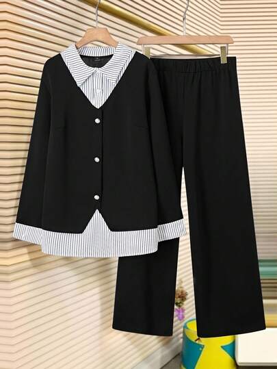 GlowEve CURVE 女款条纹衬衫领袖口拼接单排扣上衣配阔腿裤简约通勤修身两件套，秋冬