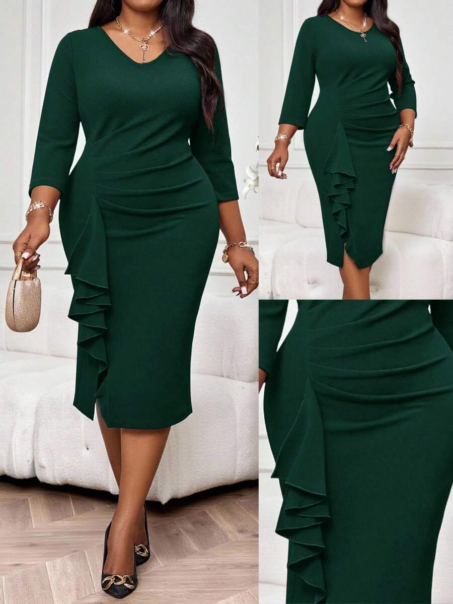 SHEIN Lady Elegant Dark Green Autumn Curve Cocktail Pencil Dress,Women's Knitted V-Neck Ruffle Tight Plus Size Wedding Guest,Christmas Party Graduation Dresses - Dark Green - View 1