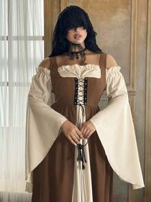 Lyrianda 大码女式露肩长袖喇叭袖荷叶边优雅复古可爱万圣节派对休闲节日拼色连衣裙 - 棕色 - 查看 5