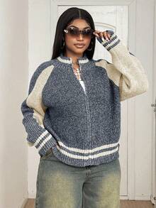 Maweii 大码女式条纹插肩袖拉链休闲针织开衫，秋冬 - 灰色 - 查看 3