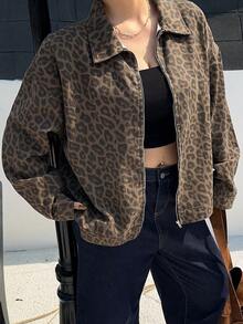 Dazy Plus Plus Size Women Vintage Zipper Front Lapel Leopard Print Denim Jacket, Streetwear Style, Spring/Autumn - Khaki - View 6