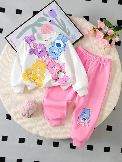 SHEIN X Care Bears 2件套少女熊印花宽松圆领运动衫和休闲运动裤