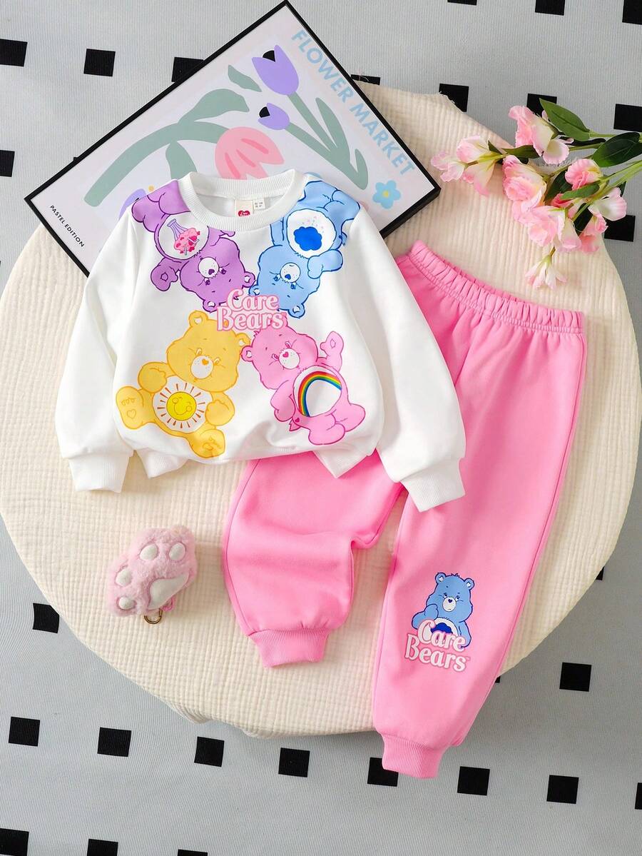 SHEIN X Care Bears 2件套少女熊印花宽松圆领运动衫和休闲运动裤 - 粉色 - 查看 1