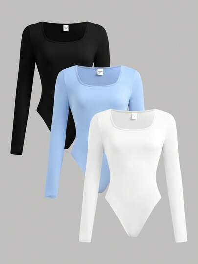 SHEIN Girlism 3pcs/Set Teen Girls' Turtleneck Ribbed Knit Long Sleeve Snug Fit Dress, Black/White/Blue, Warm Thermal Lined, Casual & Minimalist, Suitable For Autumn/Winter