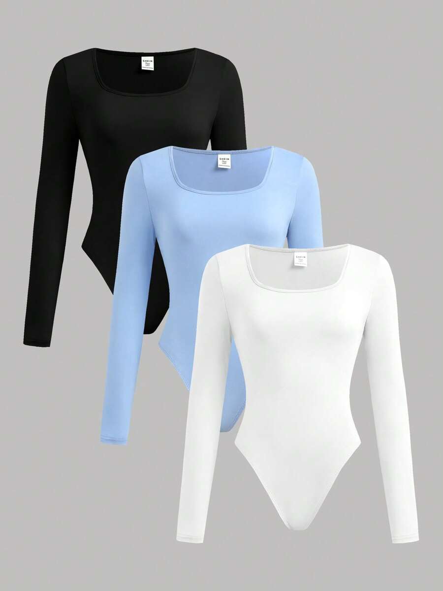 SHEIN Girlism 3件套少女高领罗纹针织长袖修身连衣裙，黑/白/蓝三色可选，保暖内衬，休闲简约，适合秋冬季穿着 - 藍色 - 查看 1