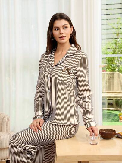 SHEIN Doze Lane Brown Striped Double-Layered Bow Decor Pocket Comfortable Casual Top & Pants Pajama Set For Women, Winter Clothes