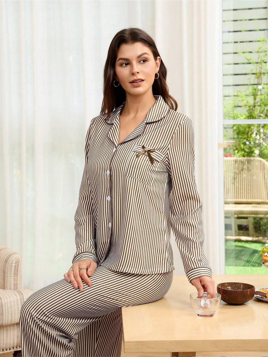 Doze Lane Brown Striped Double-Layered Bow Decor Pocket Comfortable Casual Top & Pants Pajama Set For Women, Winter Clothes - Brown - View 1
