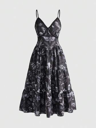 Damen mysteriöses Hexen Gothic Palast dunkler Schädel Motte Pflanze Motten Muster Maxi Slip Kleid