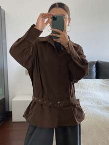 DAZY Chemise décontractée à manches longues, coupe ample, couleur unie avec ceinture, automne/hiver pour femmes - Tabac - Voir 3