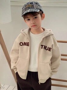 DAZY 男童字母印花拉链卫衣，秋冬季休闲长袖卫衣 - 卡其色 - 查看 9