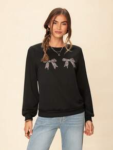 Coeurva Casual Minimalist Leopard Print Bow Graphic Black Crew Neck Loose Fit Lightweight Women Pullover Sweatshirt In Fall/Winter - Black - View 2