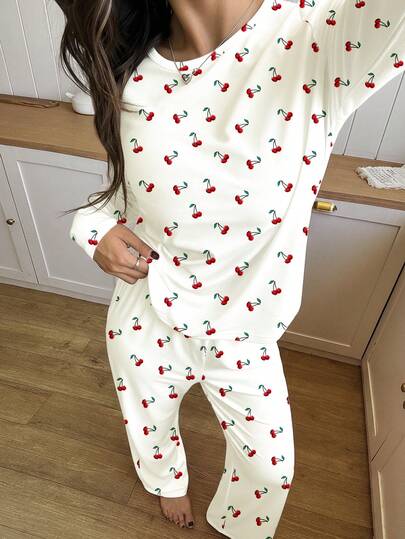 Vintage Sweet Super Schattige Mini Cherry Print, Stylish Lazy Vibe, Bm, Ballerina Dopamine, Teen Girl Round Neck Raglan Sleeve Shirt Plaid Pattern Loose Pajama Pants Pieces Set, Cozy Season, Vibes, s, Easy Com t, Girls, Wear, New Fall view 3