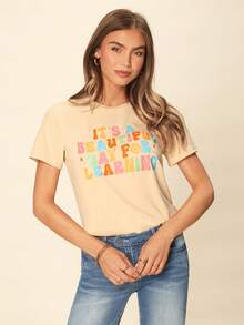 SHEIN LUNE Áo thun tay ngắn cổ tròn họa tiết Ngày Nhà giáo đơn giản, giản dị dành cho nữ, thích hợp cho mùa hè, chất liệu cotton pha trộn - Màu be - Xem 5